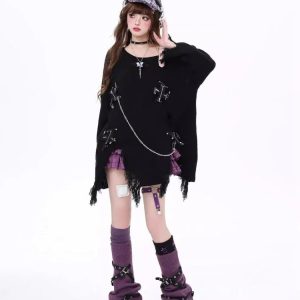 Y2K Fashion Candy Chains Distressed Sweater for Grunge Aesthetic Lovers