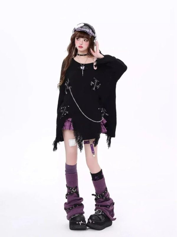 Y2K Fashion Candy Chains Distressed Sweater for Grunge Aesthetic Lovers