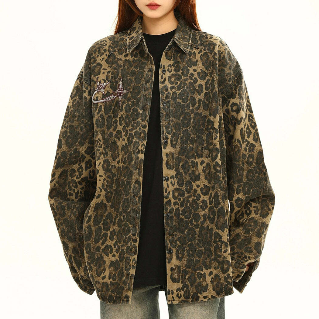 Y2K Fashion Leopard Oversized Jacket for Coquette and Grunge Aesthetics