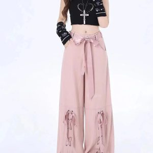 Y2K Fashion Pink Bow Lace-Up Pants for Coquette Aesthetic Vibes