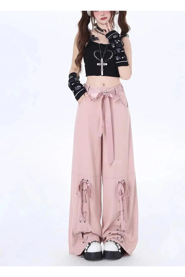 Y2K Fashion Pink Bow Lace-Up Pants for Coquette Aesthetic Vibes