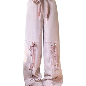 Y2K Fashion Pink Bow Lace-Up Pants for Coquette Aesthetic Vibes