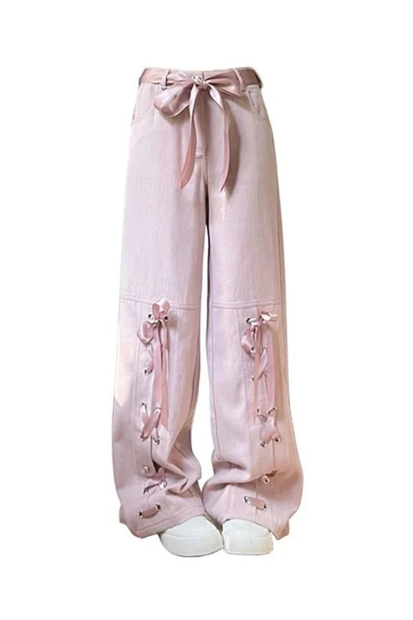 Y2K Fashion Pink Bow Lace-Up Pants for Coquette Aesthetic Vibes