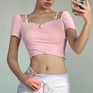 Y2K Fashion Pink Lace Bow Trim Crop Top for Coquette Aesthetic Vibes