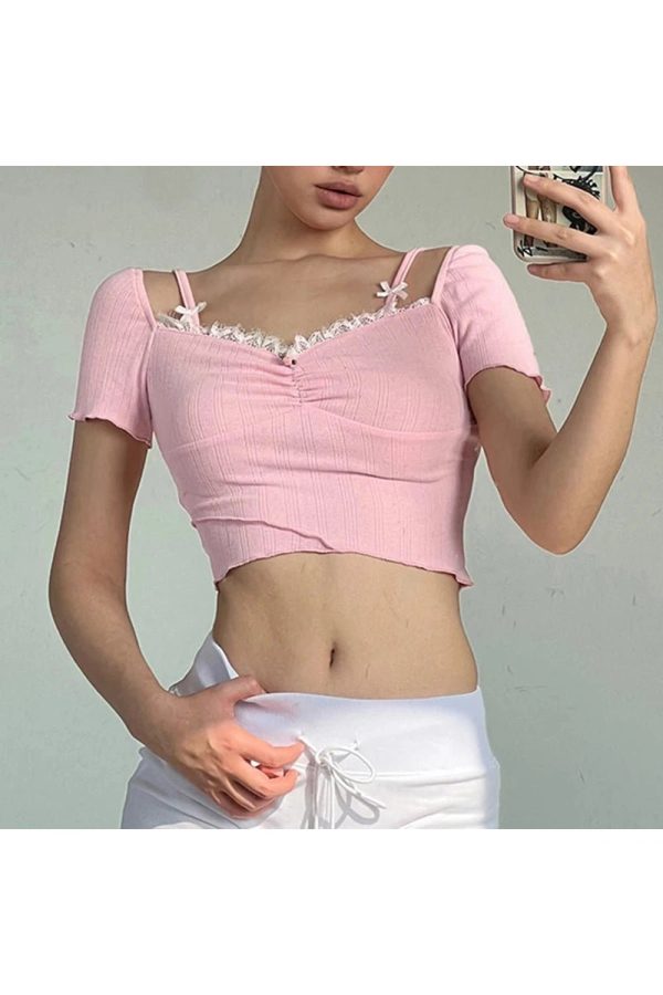 Y2K Fashion Pink Lace Bow Trim Crop Top for Coquette Aesthetic Vibes