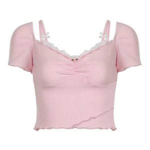 Y2K Fashion Pink Lace Bow Trim Crop Top for Coquette Aesthetic Vibes