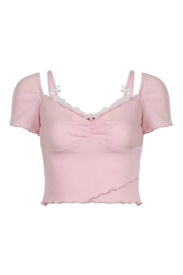 Y2K Fashion Pink Lace Bow Trim Crop Top for Coquette Aesthetic Vibes