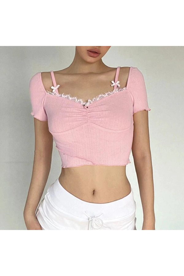 Y2K Fashion Pink Lace Bow Trim Crop Top for Coquette Aesthetic Vibes