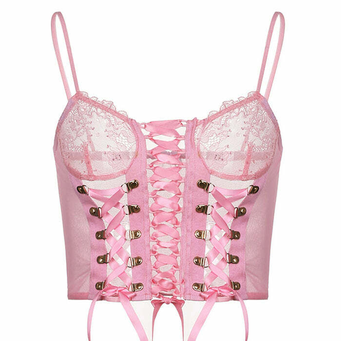 Y2K Fashion Pink Lace Mesh Top for Coquette Aesthetic Outfits