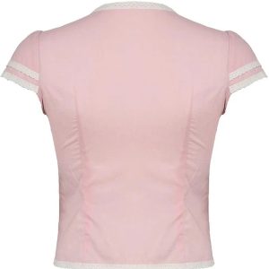 Y2K Fashion Pink Lace Trim Bow Blouse for Coquette Aesthetic Style