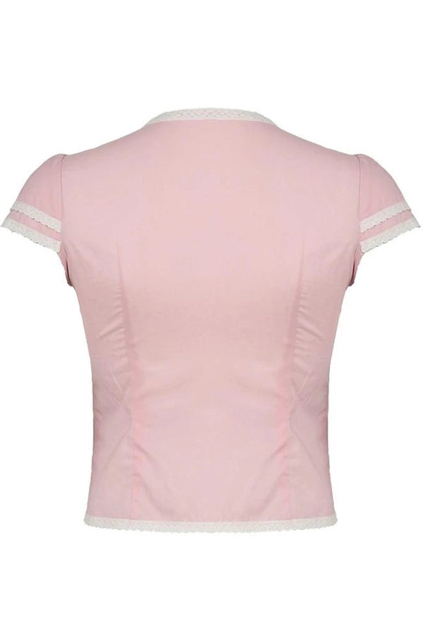 Y2K Fashion Pink Lace Trim Bow Blouse for Coquette Aesthetic Style