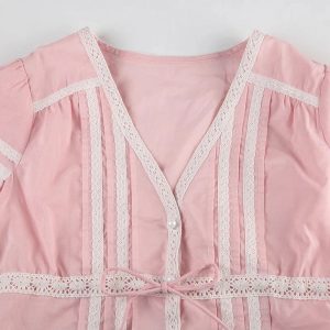 Y2K Fashion Pink Lace Trim Bow Blouse for Coquette Aesthetic Style