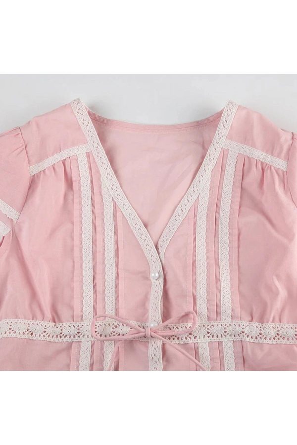 Y2K Fashion Pink Lace Trim Bow Blouse for Coquette Aesthetic Style