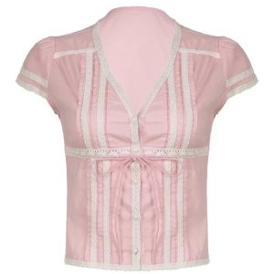 Y2K Fashion Pink Lace Trim Bow Blouse for Coquette Aesthetic Style