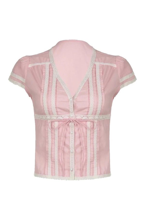 Y2K Fashion Pink Lace Trim Bow Blouse for Coquette Aesthetic Style