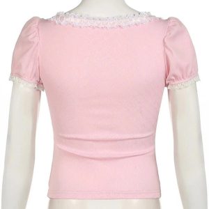 Y2K Fashion Pink Lace-Trim Puff Sleeve Top for Coquette Aesthetic