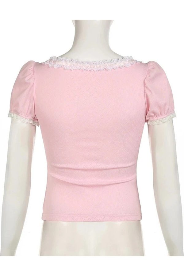 Y2K Fashion Pink Lace-Trim Puff Sleeve Top for Coquette Aesthetic