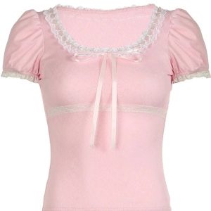 Y2K Fashion Pink Lace-Trim Puff Sleeve Top for Coquette Aesthetic