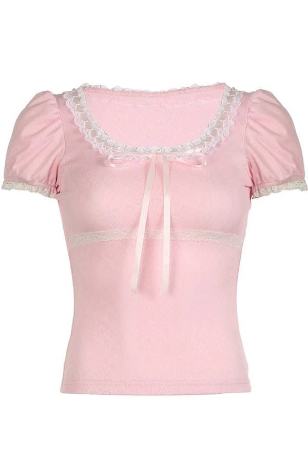 Y2K Fashion Pink Lace-Trim Puff Sleeve Top for Coquette Aesthetic