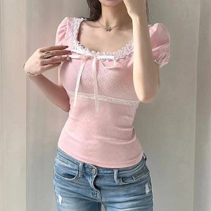 Y2K Fashion Pink Lace-Trim Puff Sleeve Top for Coquette Aesthetic