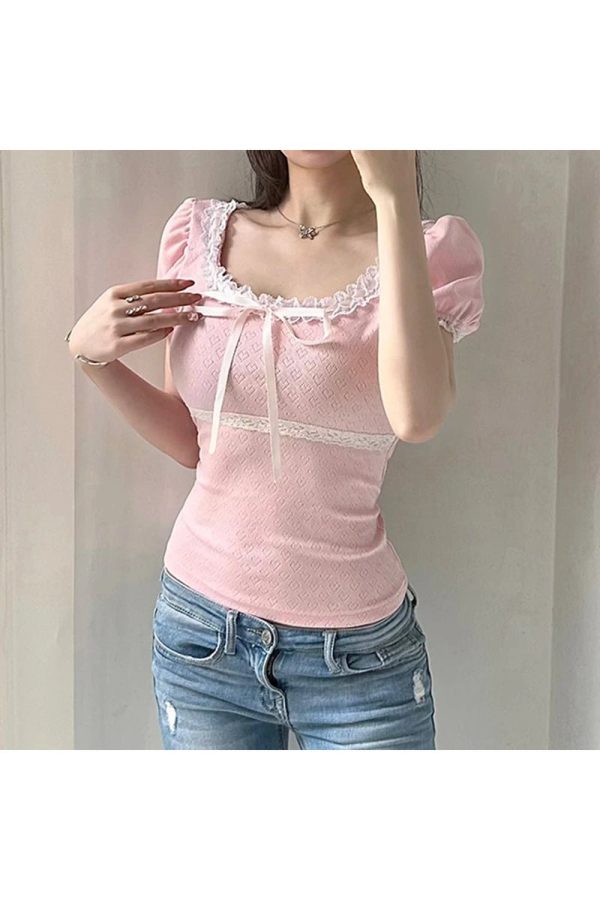 Y2K Fashion Pink Lace-Trim Puff Sleeve Top for Coquette Aesthetic