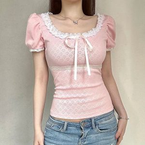 Y2K Fashion Pink Lace-Trim Puff Sleeve Top for Coquette Aesthetic