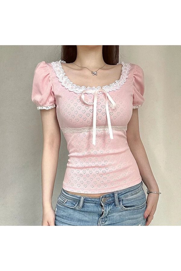 Y2K Fashion Pink Lace-Trim Puff Sleeve Top for Coquette Aesthetic