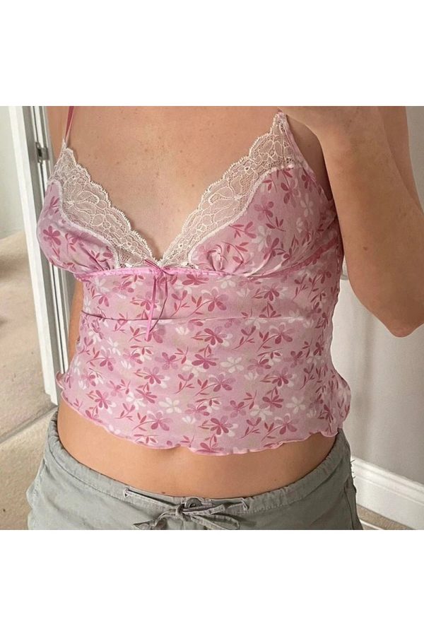 Y2K Fashion Pink Petal Lace Trim Top for Coquette Aesthetic Vibes