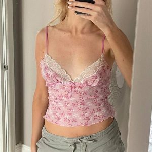 Y2K Fashion Pink Petal Lace Trim Top for Coquette Aesthetic Vibes