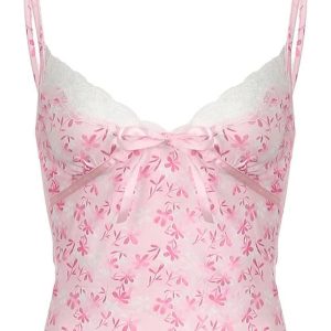 Y2K Fashion Pink Petal Lace Trim Top for Coquette Aesthetic Vibes