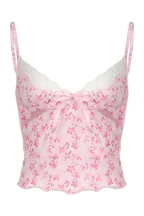 Y2K Fashion Pink Petal Lace Trim Top for Coquette Aesthetic Vibes