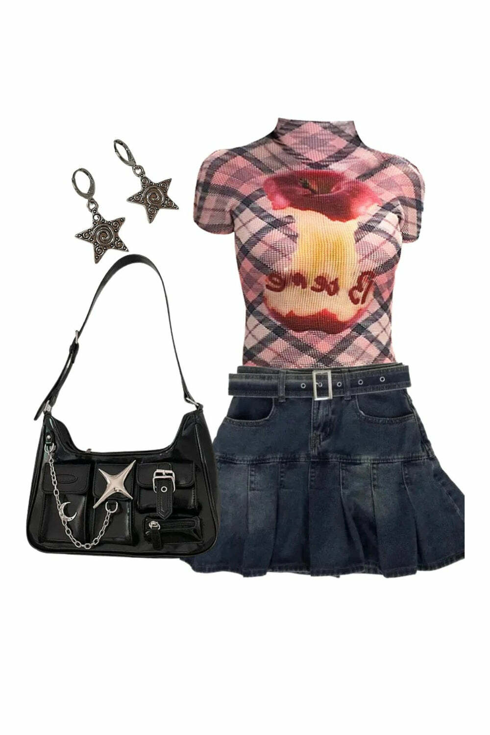 Y2K Fashion Plaid Mesh Crop Top & Vintage Denim Mini Skirt Outfit