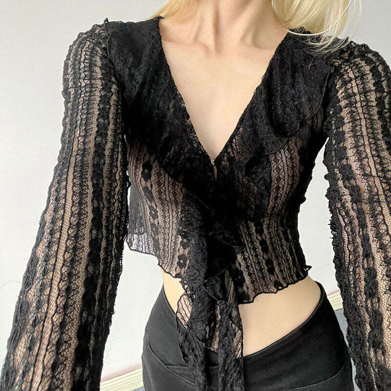 Y2K Fashion Portrait Mode Ruffle Lace Top for Coquette Aesthetic Vibes