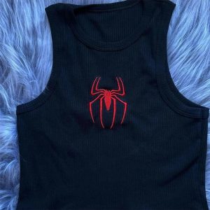 Y2K Fashion Red Spider Embroidered Crop Top for Aesthetic Outfits