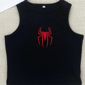 Y2K Fashion Red Spider Embroidered Crop Top for Aesthetic Outfits