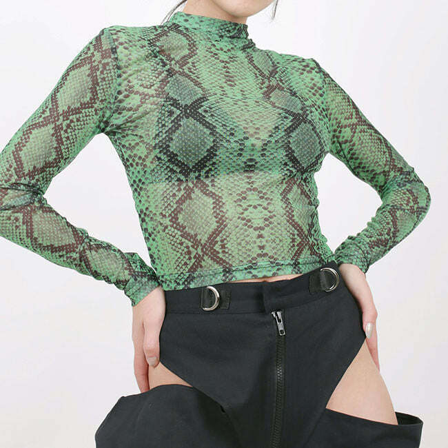 Y2K Fashion Snakeskin Mesh Top for Grunge and Coquette Aesthetic