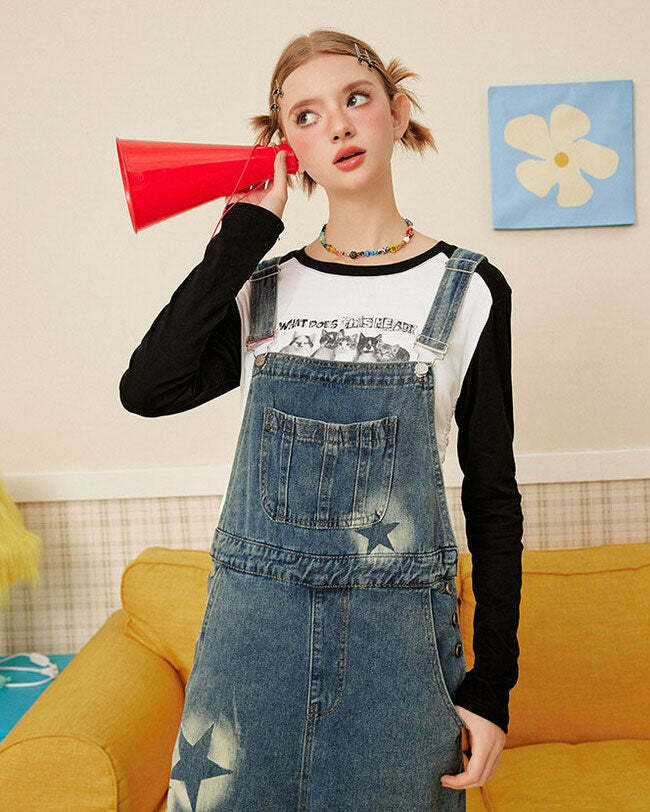 Y2K Fashion Star Girl Denim Overalls for Cute Aesthetic Outfits