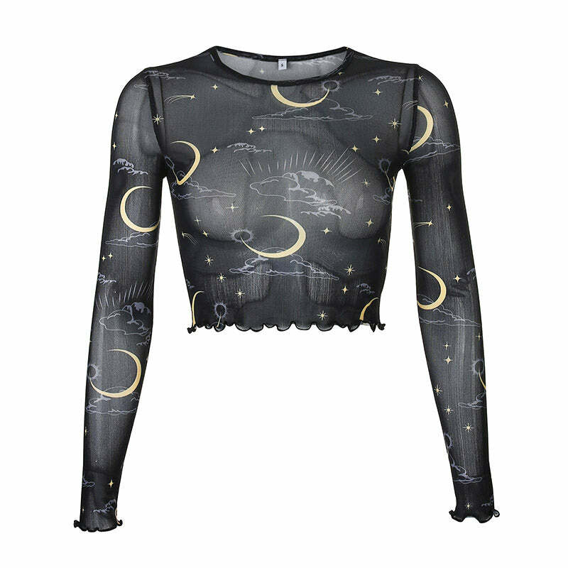 Y2K Fashion Sun & Moon Mesh Top - Cute Aesthetic Layering Piece