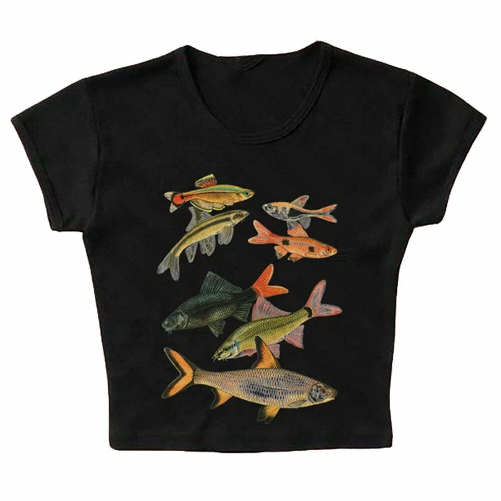 Y2K Fish Print Aesthetic Baby Tee for Cute and Comfy Outfits