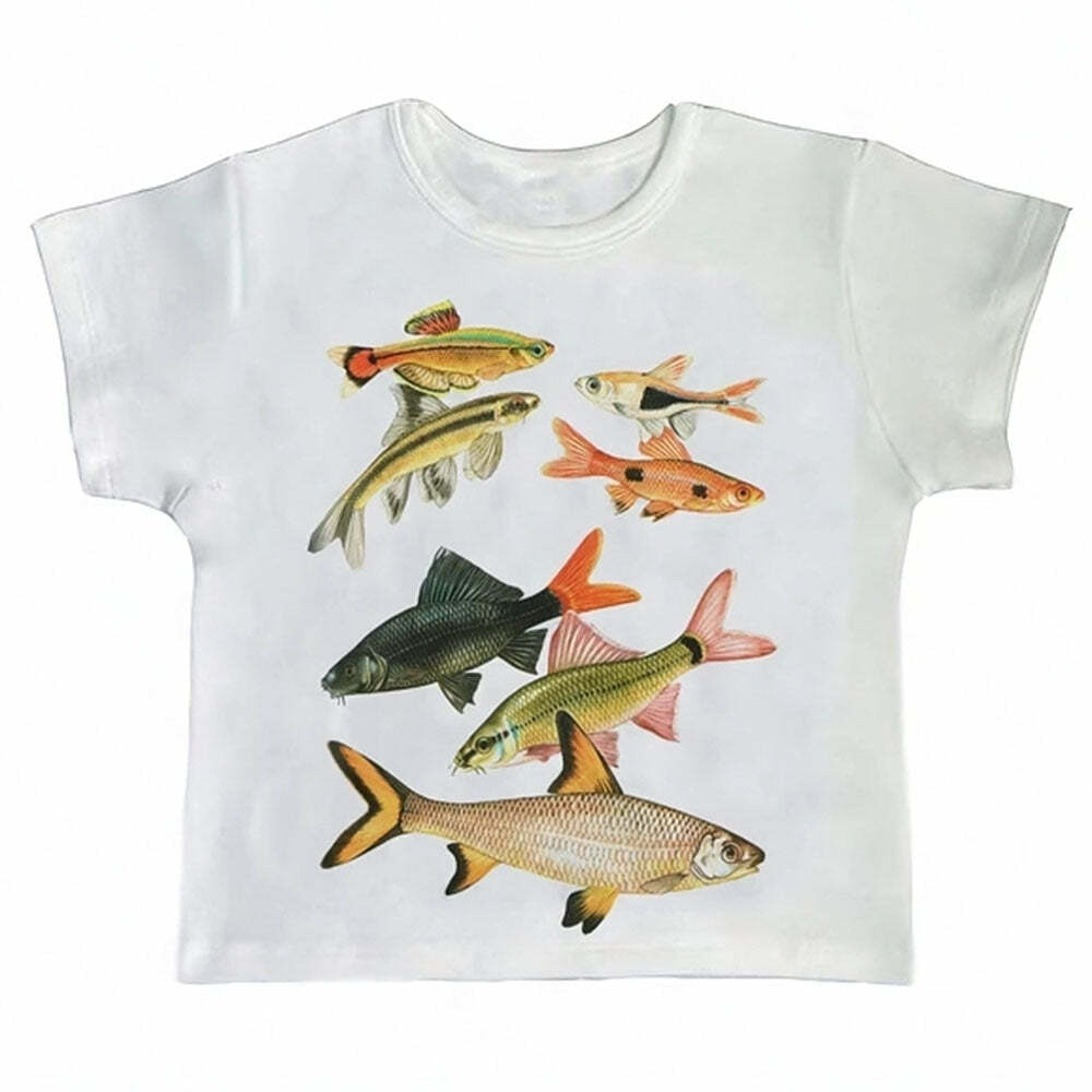 Y2K Fish Print Aesthetic Baby Tee for Cute and Comfy Outfits