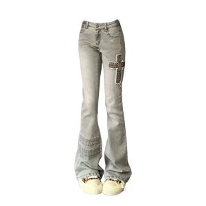 Y2K Flare Denim Jeans with Cross Patch - Trendy Grunge Aesthetic Style