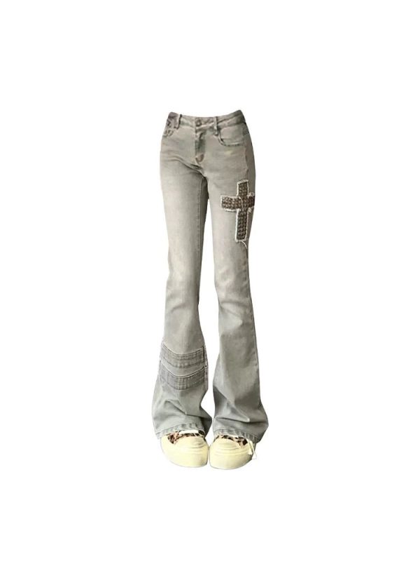 Y2K Flare Denim Jeans with Cross Patch - Trendy Grunge Aesthetic Style