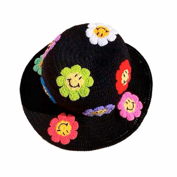 Y2K Flower Crochet Bucket Hat for Coquette and Grunge Aesthetic Lovers