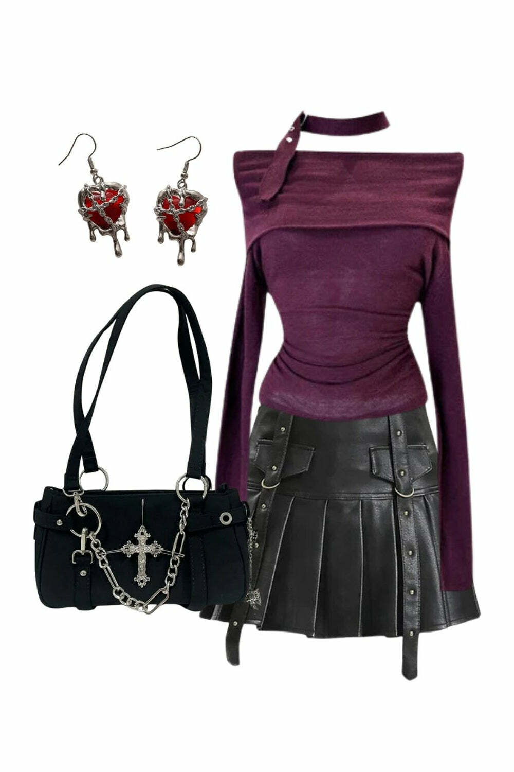 Y2K Grunge Aesthetic Black Buckled Pleated Mini Skirt & Choker Top Set