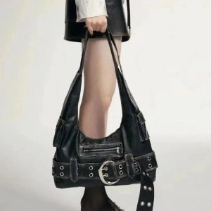 Y2K Grunge Aesthetic Buckle Up Punk Shoulder Bag for Trendy Outfits