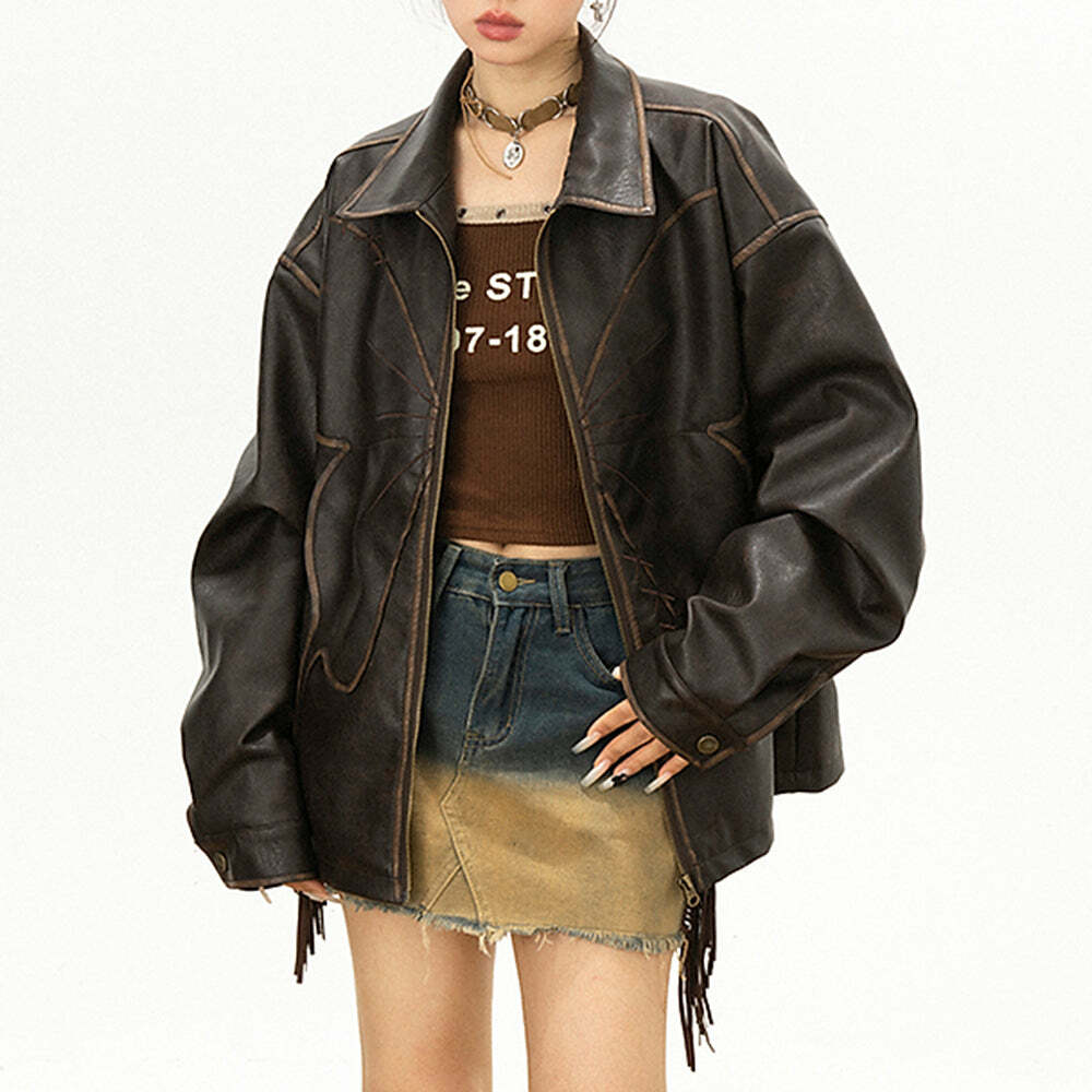 Y2K Grunge Aesthetic Butterfly Distressed Leather Jacket for Trendy Looks