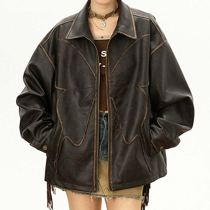 Y2K Grunge Aesthetic Butterfly Distressed Leather Jacket for Trendy Looks