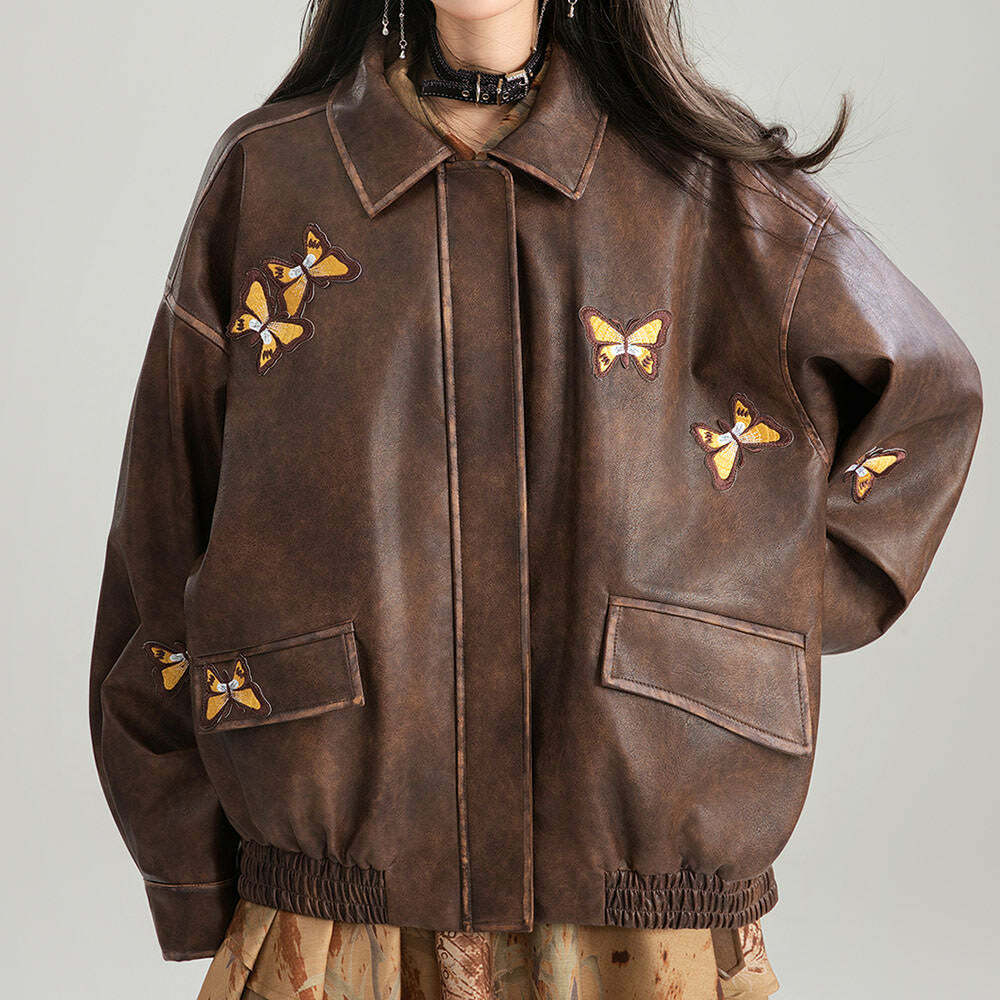 Y2K Grunge Aesthetic Butterfly Leather Jacket for Trendy Outfits