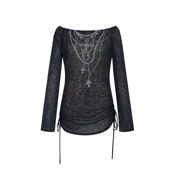 Y2K Grunge Aesthetic Dark Crucifix Long Sleeve Top for Edgy Style