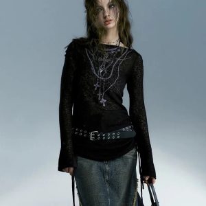 Y2K Grunge Aesthetic Dark Crucifix Long Sleeve Top for Edgy Style